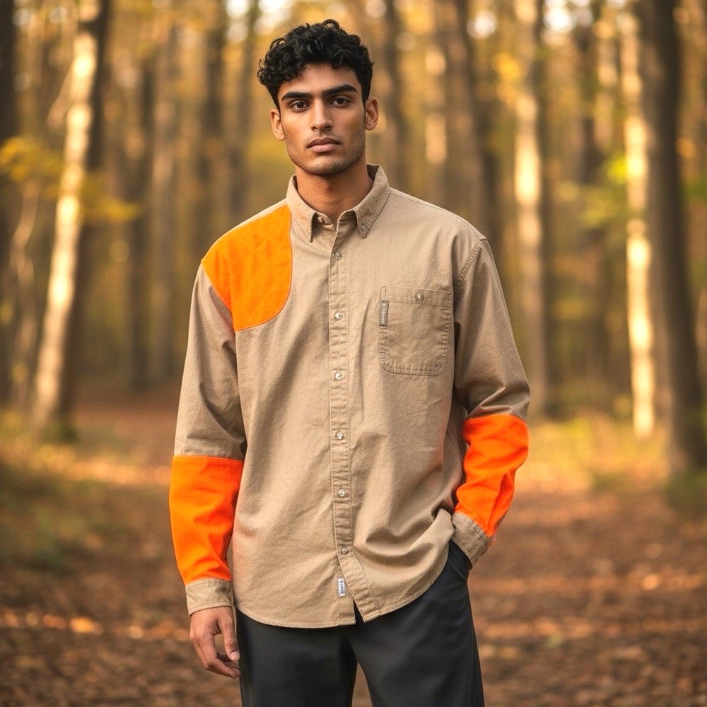 Columbia Shooting Hunting Khaki Bright Hi-Vis Orange Button Down Shirt Men's XXL